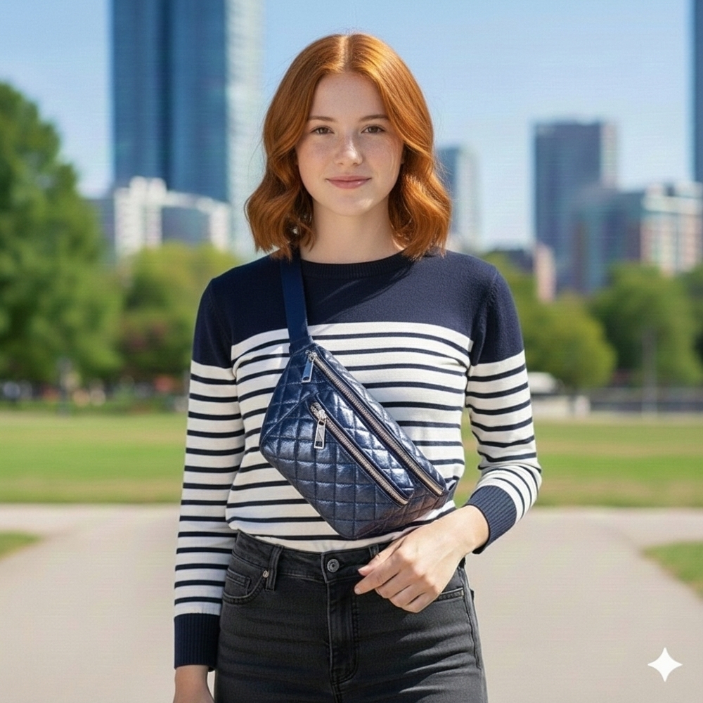 Nautica Elegant Dark Blue Metallic Quilted Crossbody Bum Fanny Pak Belt Bag NWT